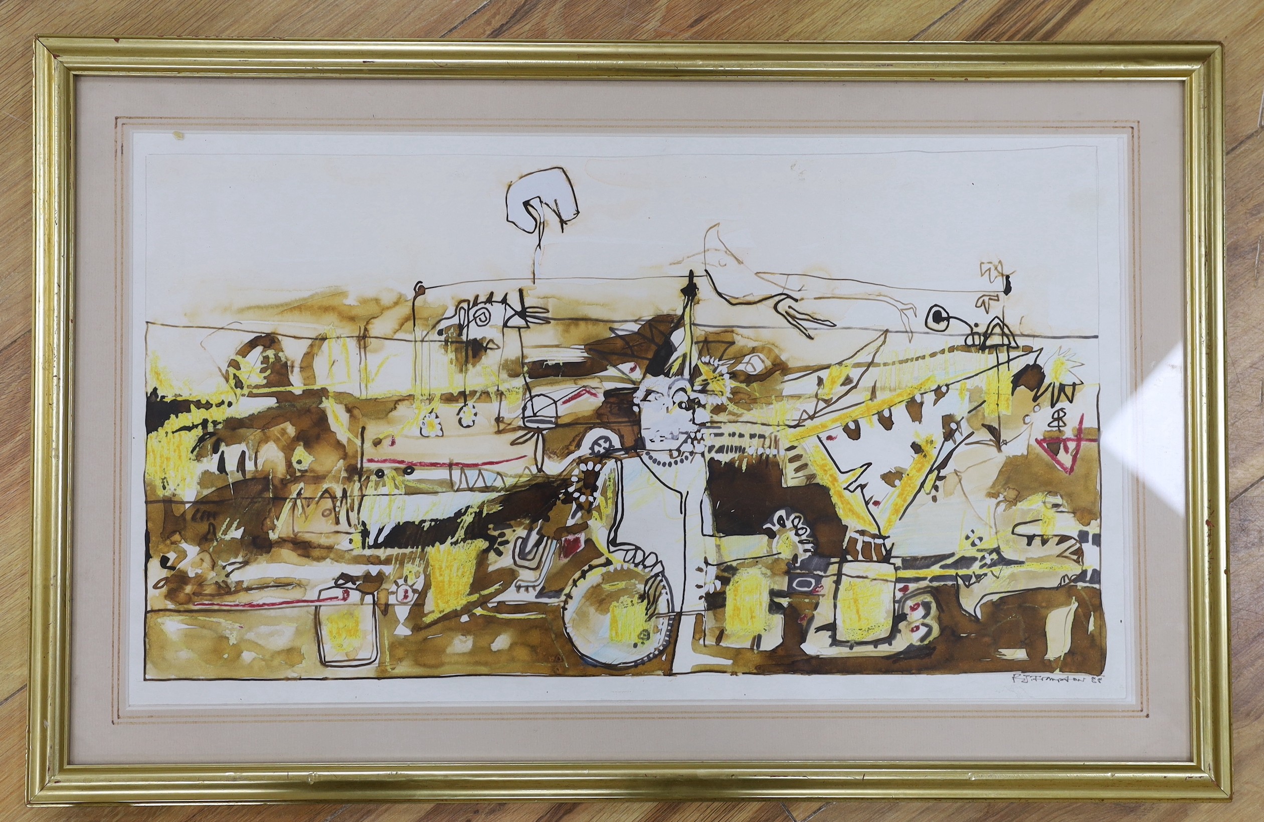 Russell Frampton (b.1961), mixed media, 'Man at crossroads', signed and dated '88, 31 x 56cm